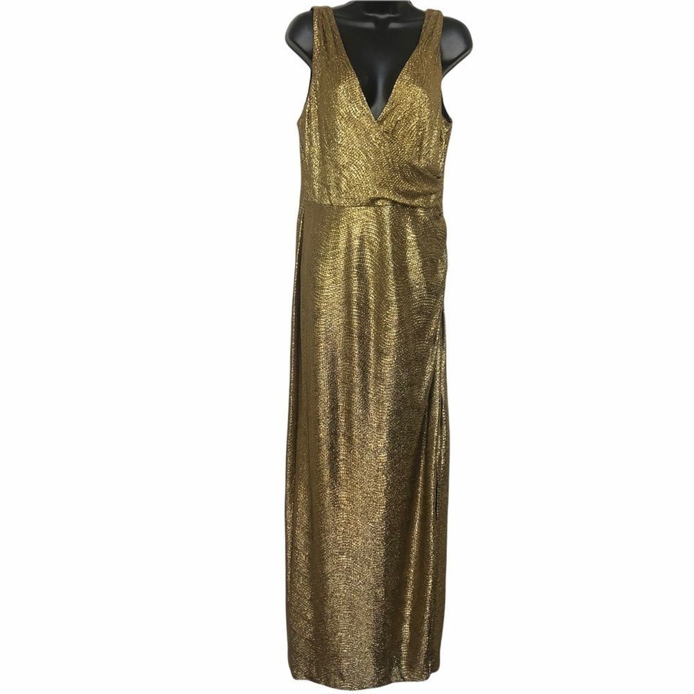 Betsy Adam Size 10 Gold V Neck Gown with Side Ruching and Side Slit